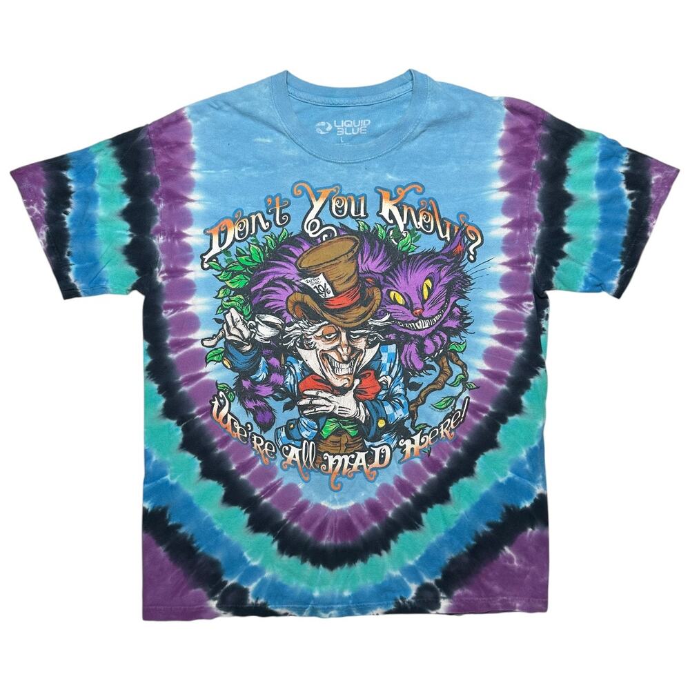 Liquid Blue Alice in Wonderland Tie Dye Graphic T-Shirt Mad Hatter Cheshire Cat
